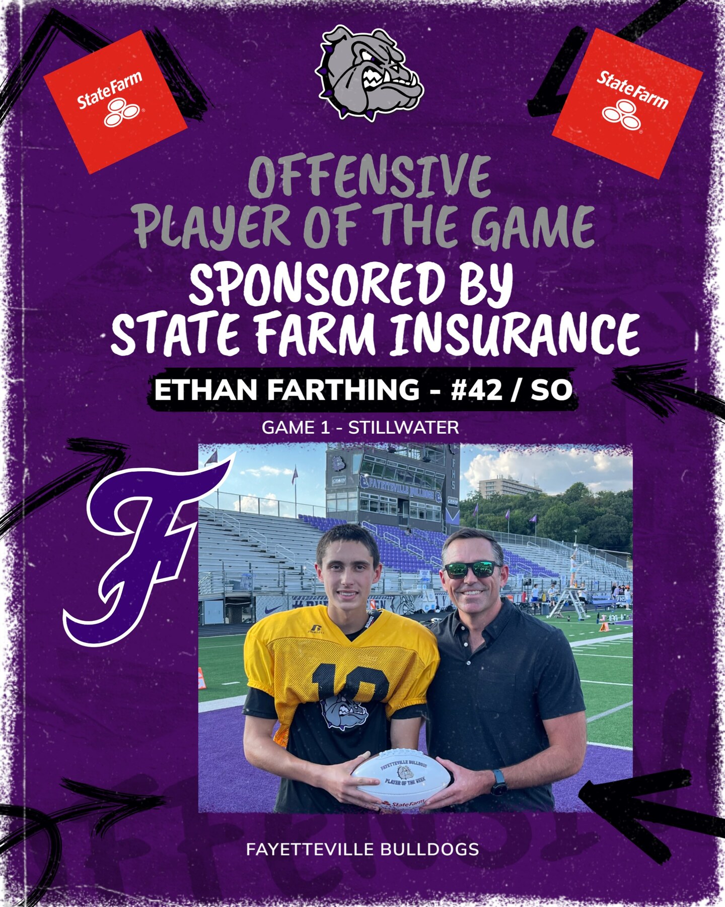 Fayetteville Bulldogs graphic naming Ethan Offensive Player of the Game against Stillwater in 2026.