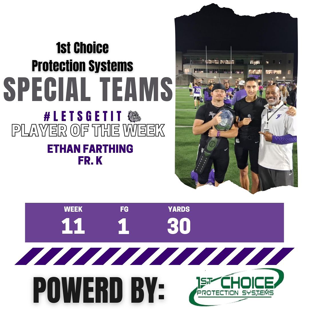 Graphic naming Ethan Farthing special teams player of the week for week eleven.