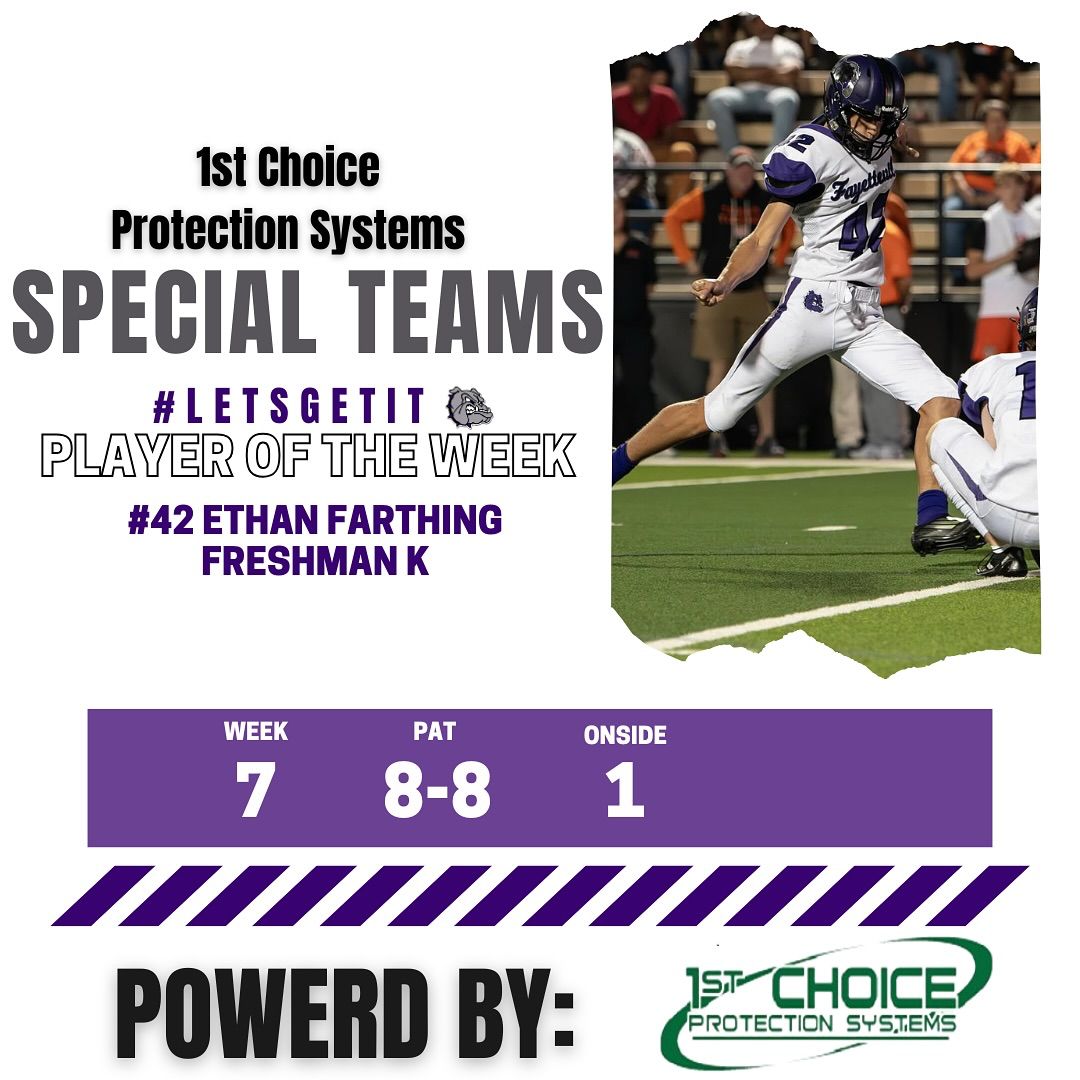 Ethan's Special Teams Player of the Week award for week seven.