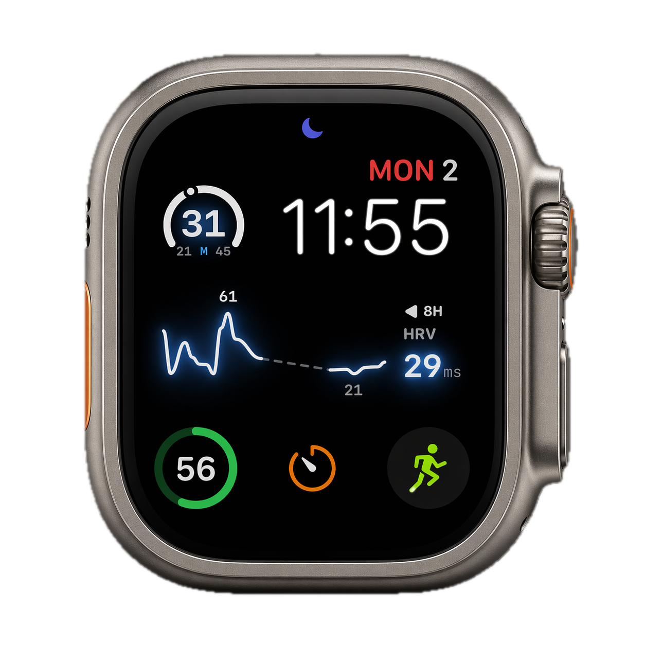 HRVSpark displayed on an Apple Watch Ultra-style case with raw HRV complications.