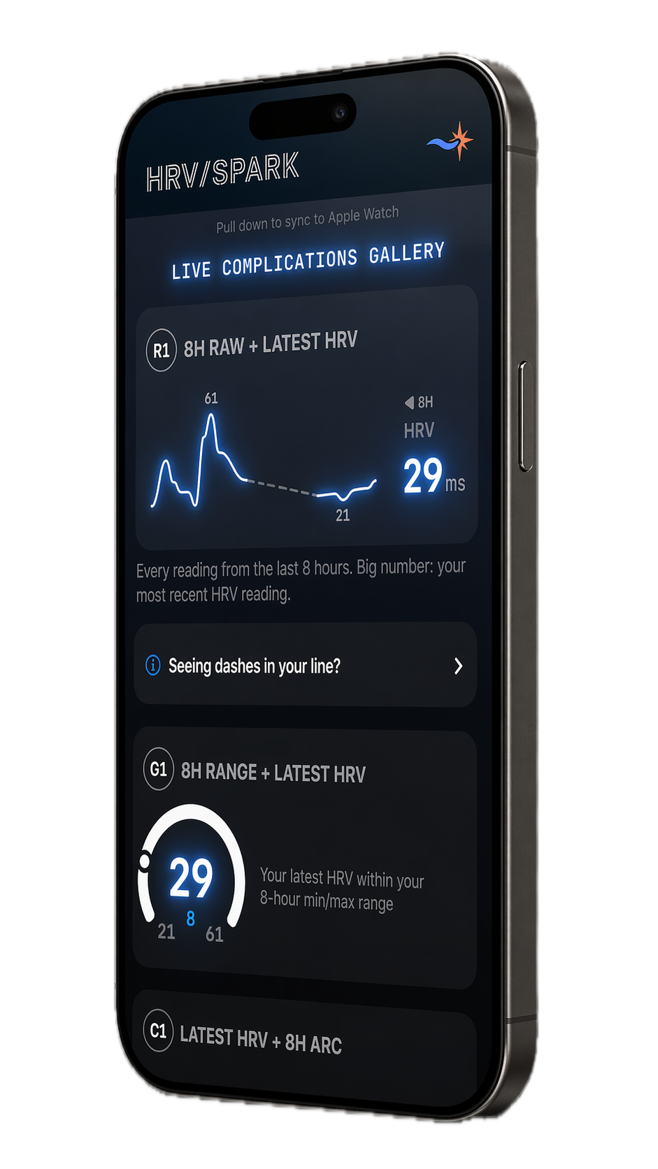 HRVSpark displayed on a modern iPhone mockup showing live complication designs and raw HRV sparklines.