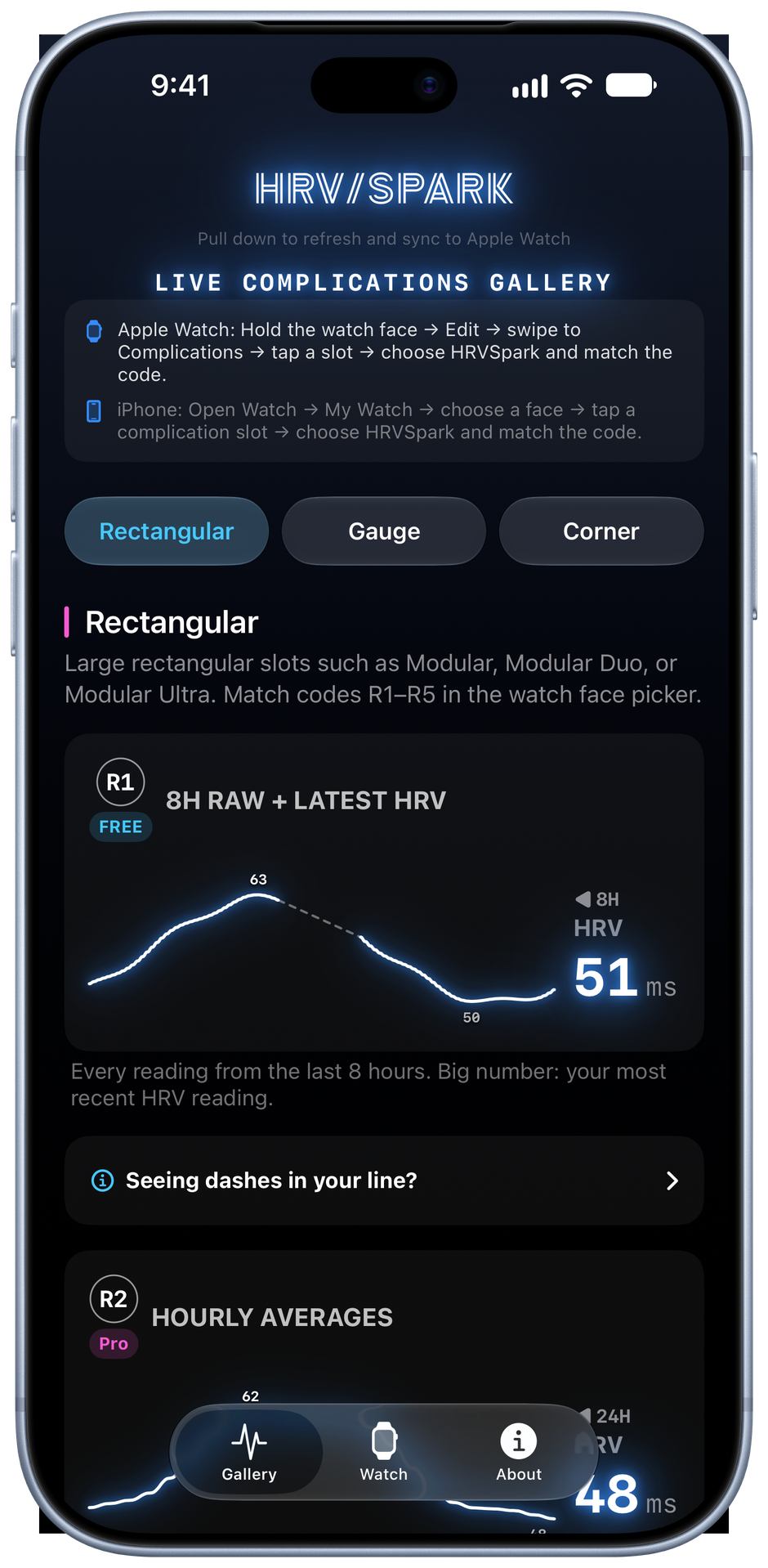 HRVSpark's complications gallery on iPhone