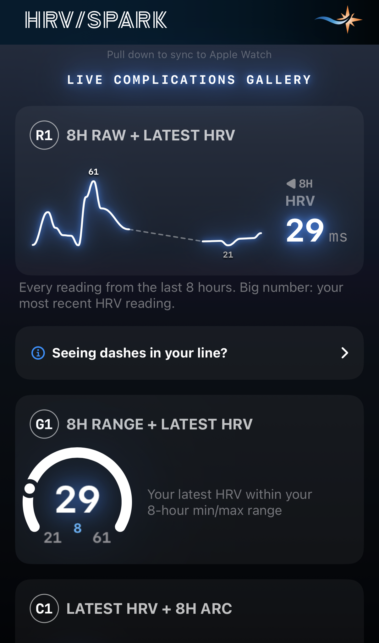HRVSpark iPhone — Live Complications Gallery