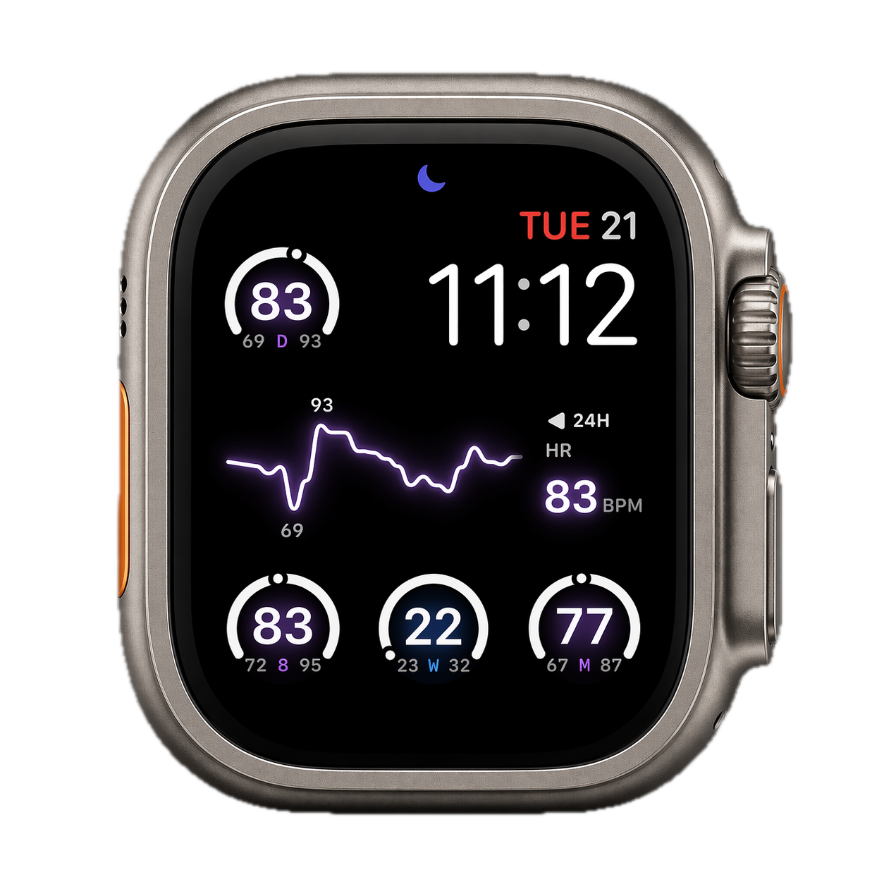 RHRSpark displayed on an Apple Watch Ultra-style case with resting heart-rate complications.