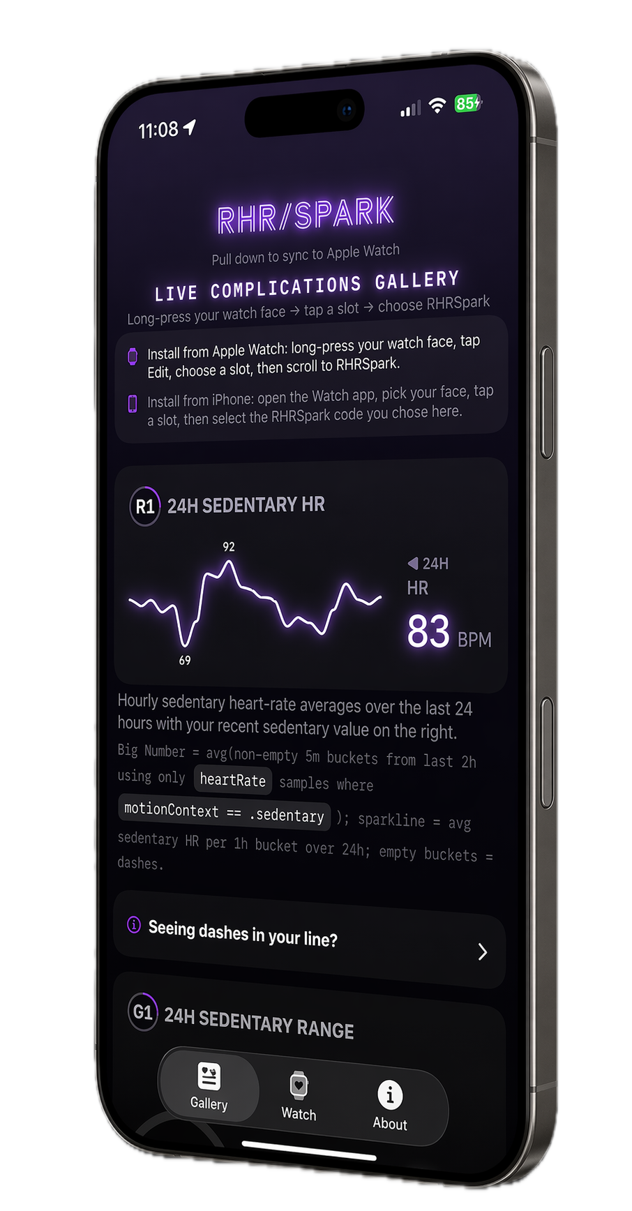 RHRSpark displayed on a modern iPhone mockup showing sedentary heart-rate complications and source explanations.